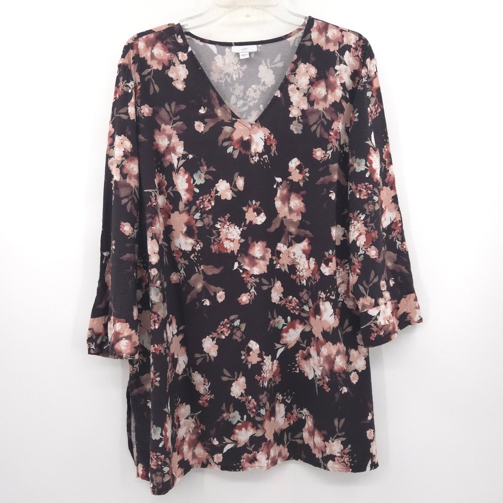 J. Jill Tunic Top Womens XL Black Pink Floral V-Neck 3/4 Sleeve Side Slit Boho